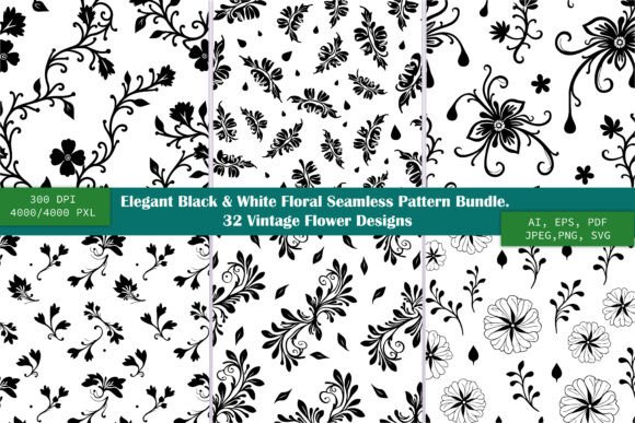 Download Black &amp; White Floral Pattern Bundle - White Collection