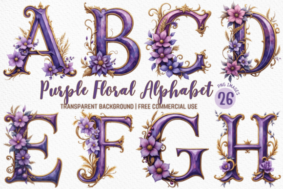 Download Purple Floral Alphabet Clipart Bundle - Purple floral Collection