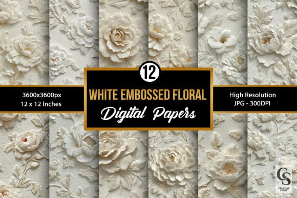 Download White Embossed Flowers Digital Paper - Premium Bundle