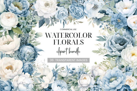 Download Blue &amp; White Floral Clipart Bundle - White Collection