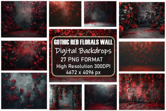 Download Gothic Red Flowers Wall Digital Backdrop - Red flowers Collection