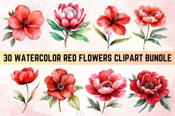 Download Watercolor Red Flowers Clipart Bundle - Red flowers Collection