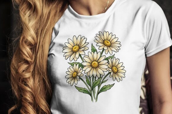 Download White Daisies with Green Leaves in Art - White Collection