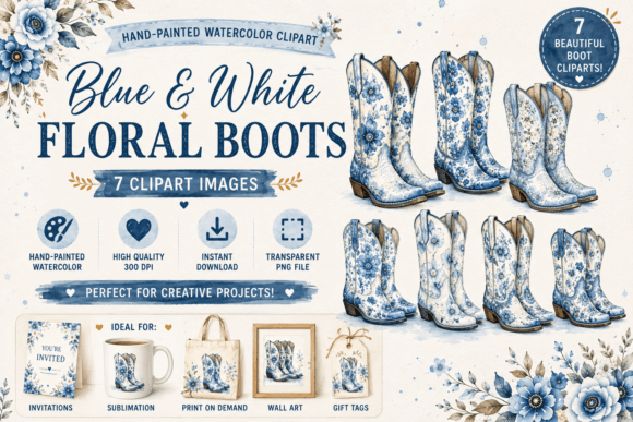 Download Blue and White Floral Western Boots - White Collection