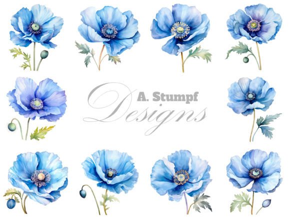 Download Blue Poppy Flower Clipart Watercolor Set - Poppy flower Collection